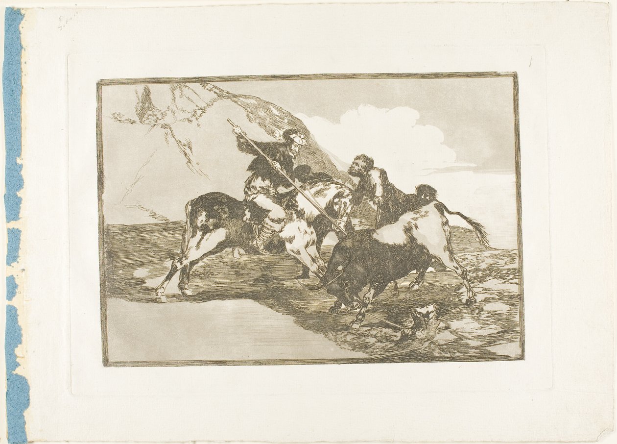A maneira como os antigos espanhóis caçavam touros a cavalo no campo aberto, prato um de The Art of Bullfighting de Francisco Jose de Goya y Lucientes