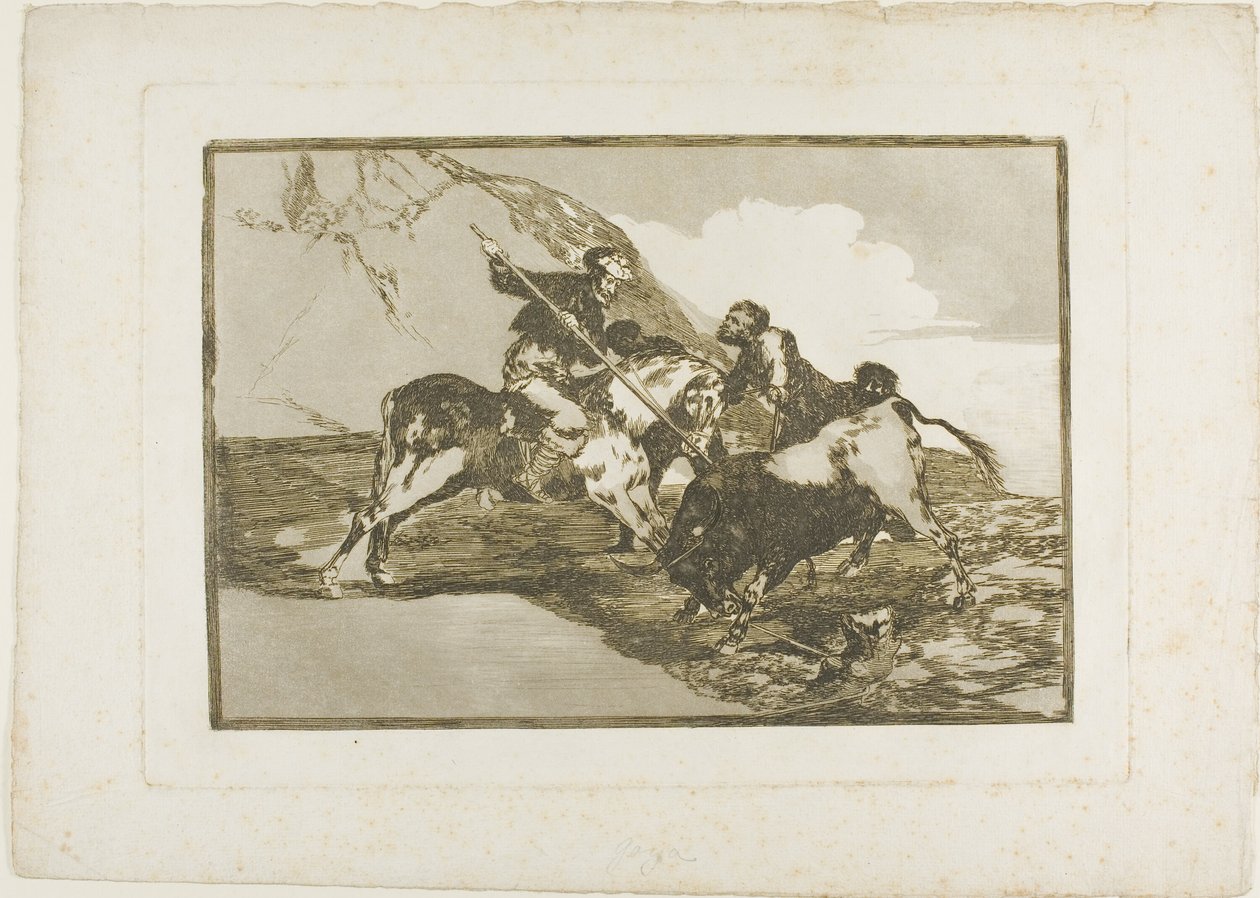 A maneira como os antigos espanhóis caçavam touros a cavalo no campo aberto, prato um de The Art of Bullfighting de Francisco Jose de Goya y Lucientes
