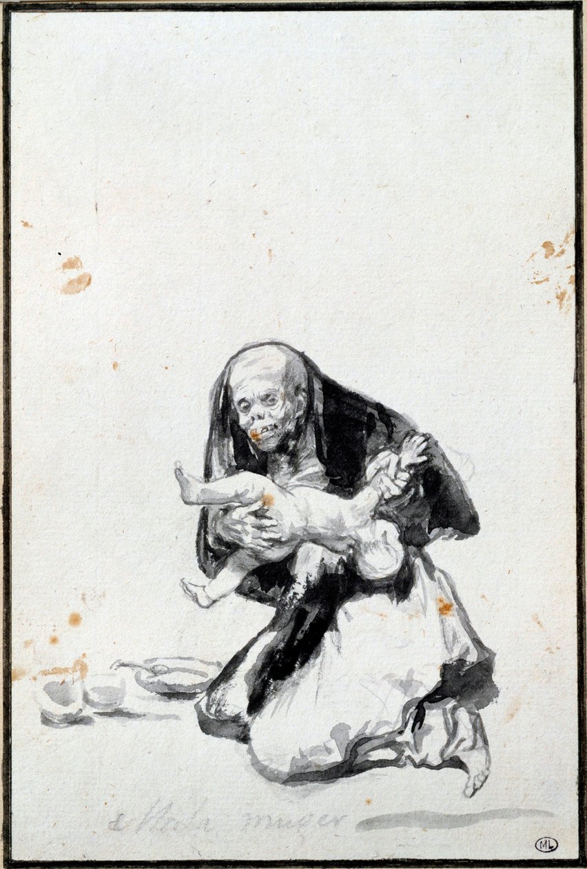 A mulher má (Mala mujer). A mulher malvada. A cena da antropofagia, uma bruxa devora uma criança. Lavagem cinzenta por Francisco Goya y Lucientes (1746-1828) Sol. 0,21x0,14 m Paris, musee du Louvre. de Francisco de Goya