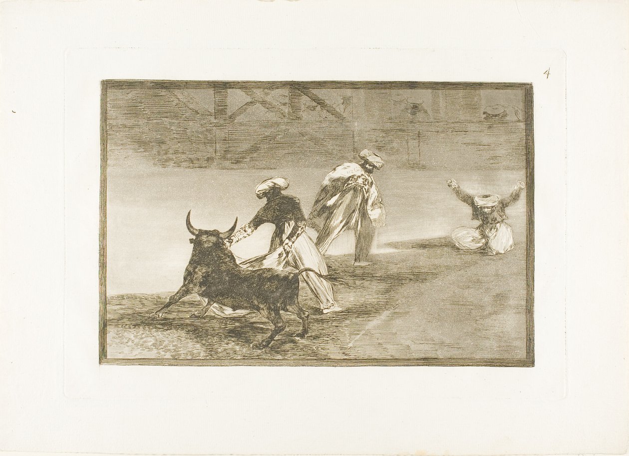 Eles jogam outro com a capa em um recinto, placa quatro de The Art of Bullfighting de Francisco Jose de Goya y Lucientes