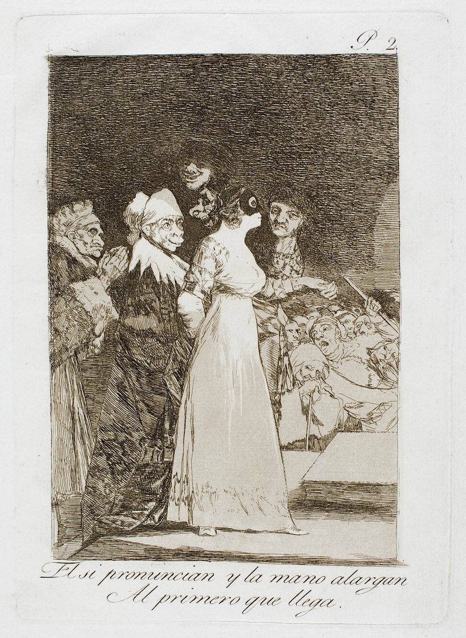 Eles dizem "sim" e dão a mão ao primeiro a chegar, prato dois de Los Caprichos de Francisco Jose de Goya y Lucientes