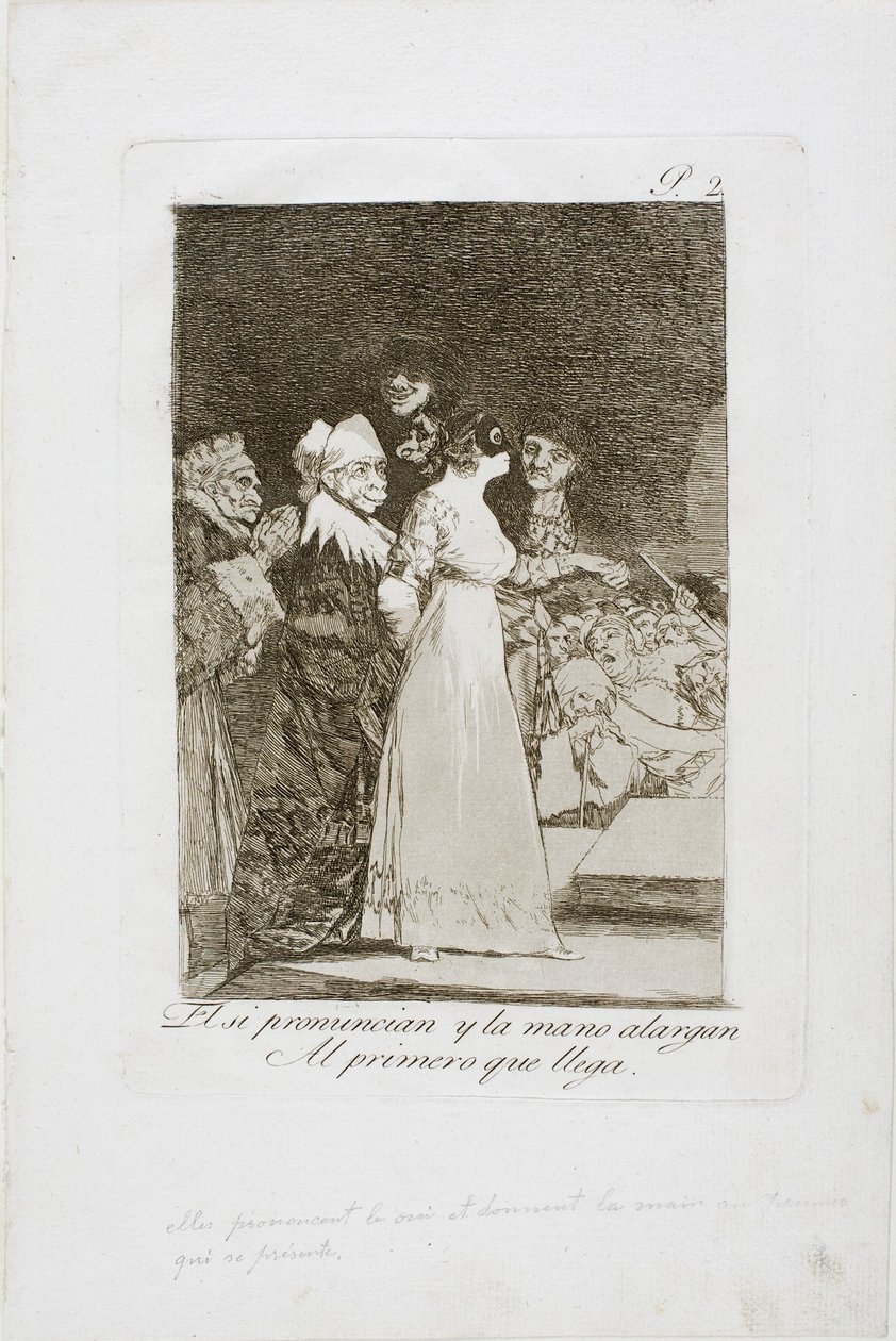 Eles dizem "sim" e dão a mão ao primeiro restaurante, prato dois de Los Caprichos, 1797-99 de Francisco de Goya