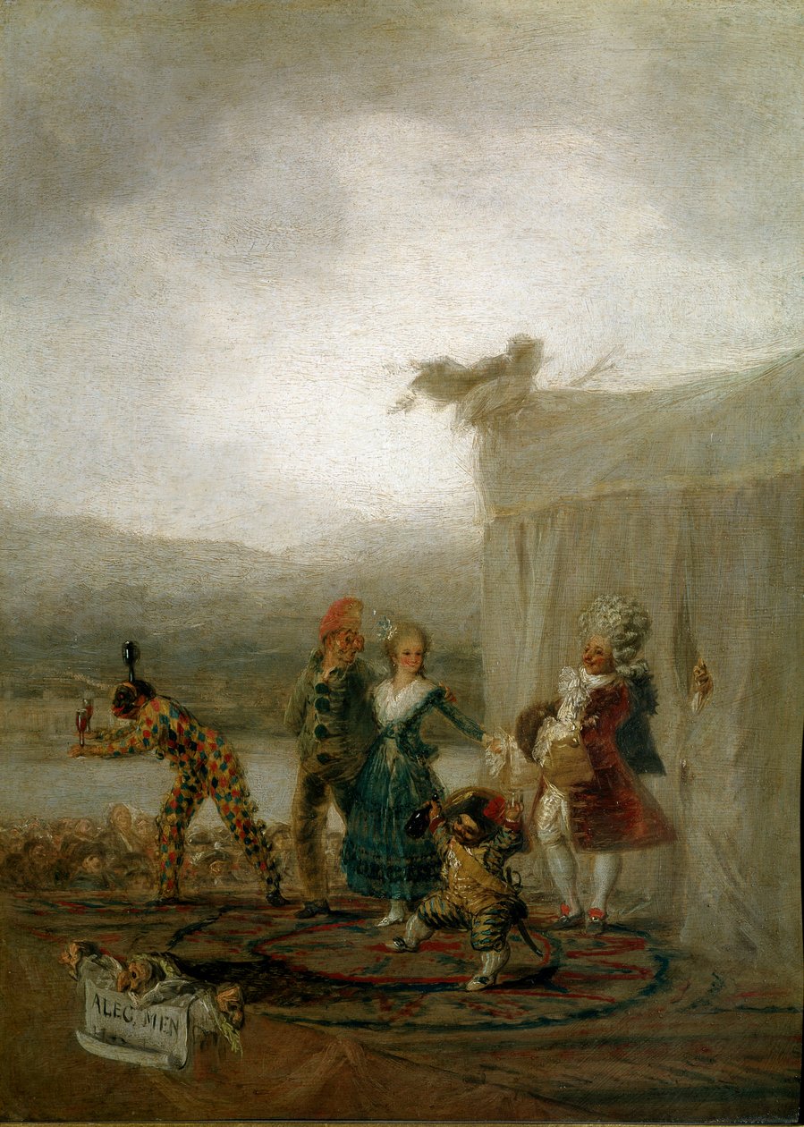Personagens de atores cômicos itinerantes (incluindo um anão e um arlequim (Arlecchino, Arlequim), inspiram a Commedia dell