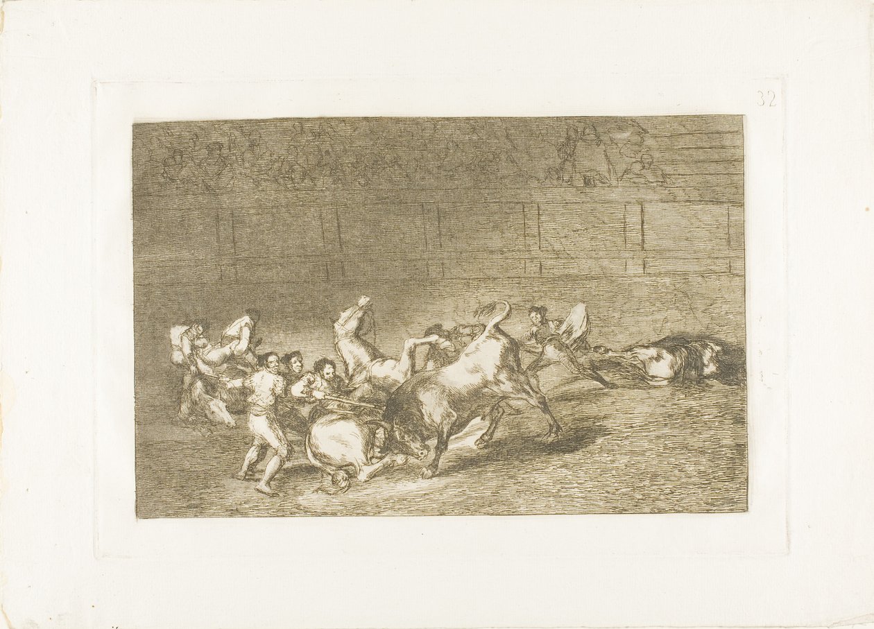Duas equipes de picadores lançados um após o outro por um único touro, placa 32 de The Art of Bullfighting de Francisco Jose de Goya y Lucientes