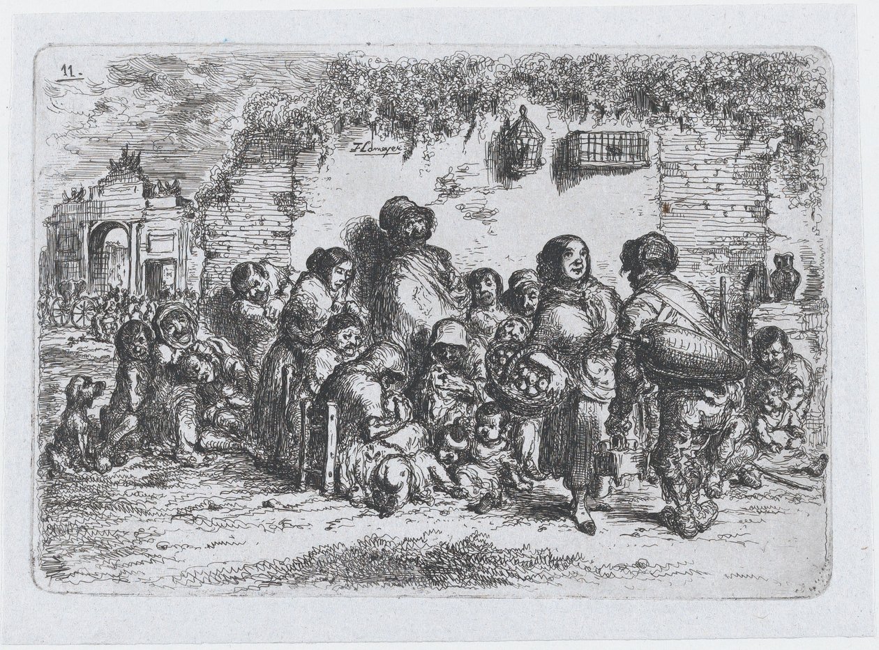 Placa 11: um grupo de pessoas ao ar livre, da série de costumes e passatempos dos espanhóis..., 1850. de Francisco Lameyer Berenguer