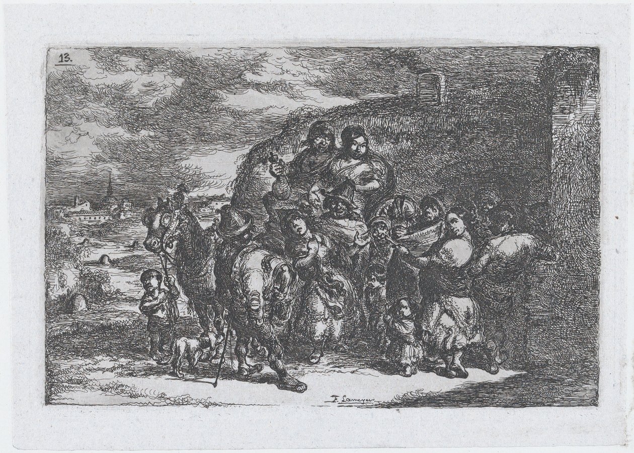 Placa 13: um grupo de pessoas ao ar livre incluindo possivelmente músicos, da série de cust..., 1850. de Francisco Lameyer Berenguer