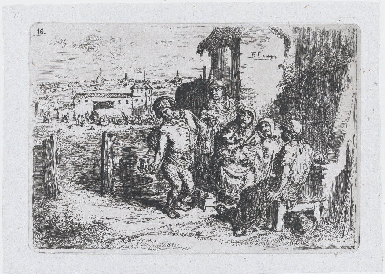Ilustração 16: um grupo de pessoas ao ar livre, incluindo um homem servindo vinho ou água de um vaso..., 1850. de Francisco Lameyer Berenguer