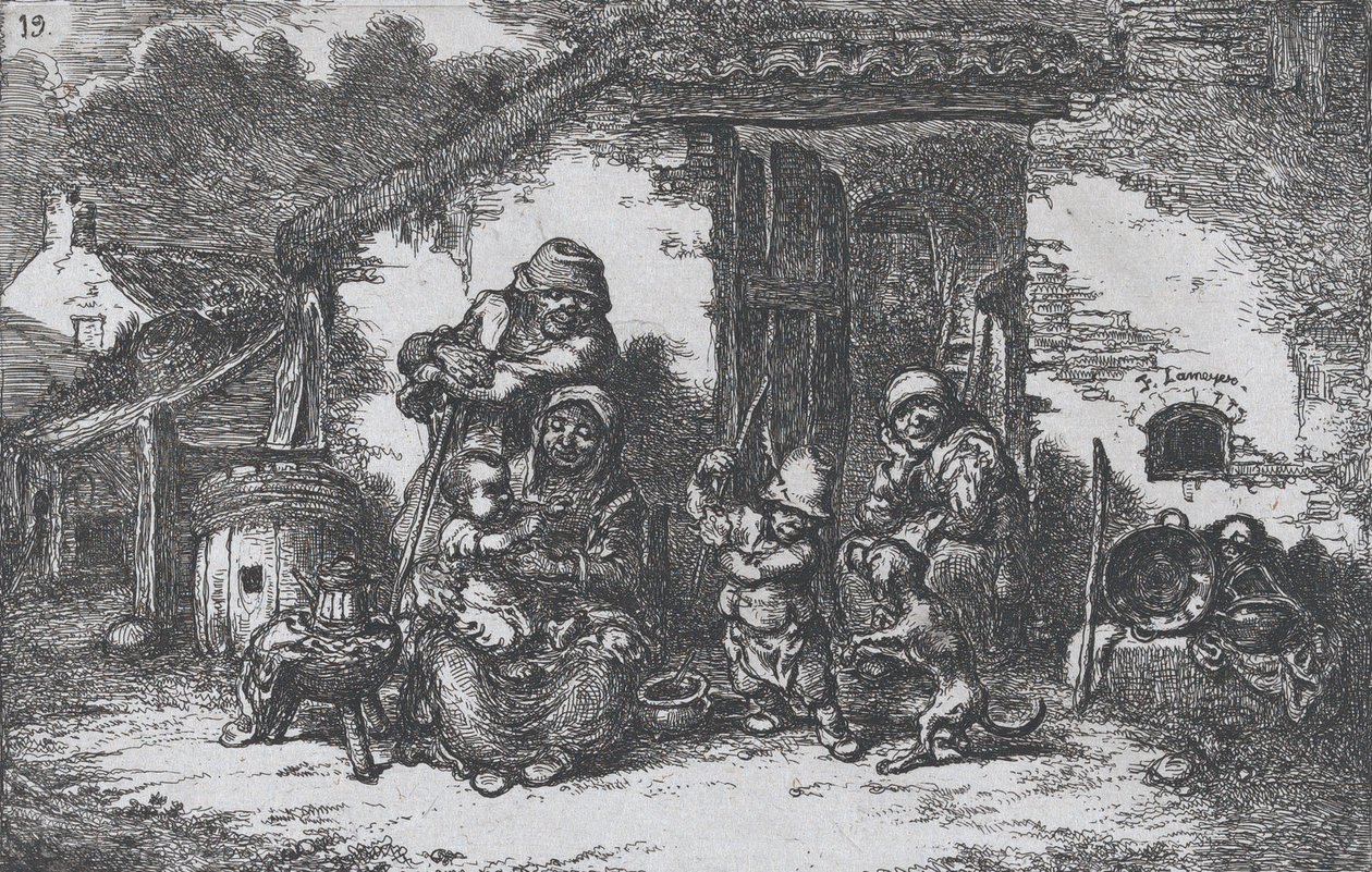 Prancha 19: uma família e um menino brincando com um cachorro do lado de fora de uma casa, da série de costume..., 1850. de Francisco Lameyer Berenguer