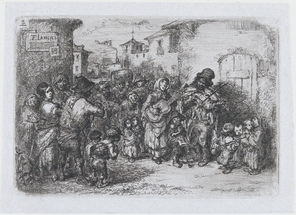 Placa 3: um grupo de músicos de rua, da série de costumes e passatempos dos espanhóis..., 1850. de Francisco Lameyer Berenguer