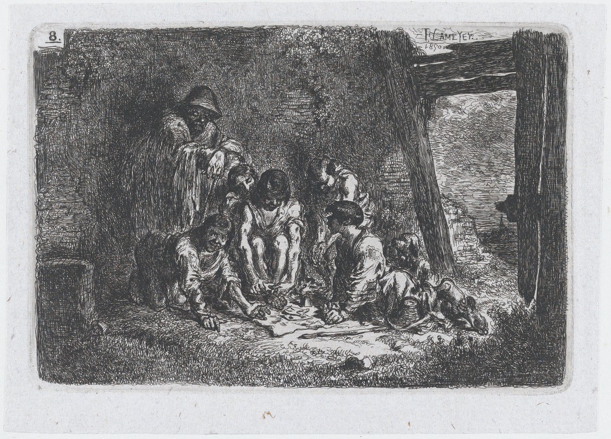 Prancha 8: um grupo de figuras algumas das quais jogam um jogo, da série de costumes e..., 1850. de Francisco Lameyer Berenguer