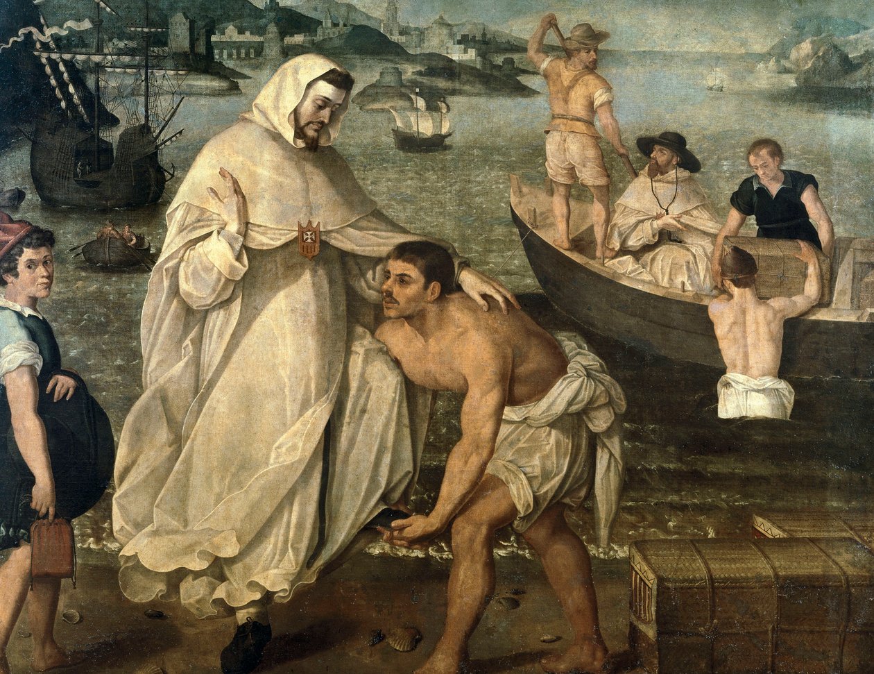 São Pedro Nolasque (1189-1256) embarca para libertar os cristãos cativos mantidos como reféns por piratas mouros para serem vendidos como escravos na África (pintura) de Francisco Pacheco