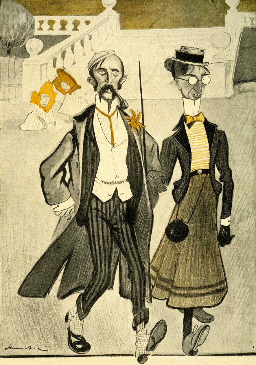 Um casal inglês na França sendo ridicularizado por seu estranho senso de moda, 1903 de Francisco Sancha y Lengo