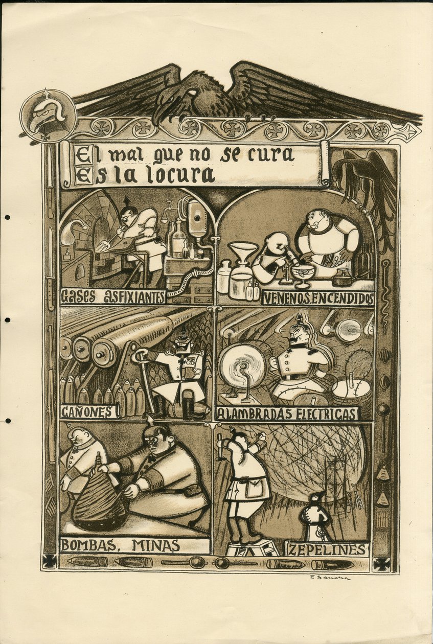 Ilustração de Francisco Sancha Lengo (1874-1936) - Flying leaf, circa 1915 - El mal que no se cura es la locura - Guerra de 14 -18, Alemanha Prússia, gás asfixiante, língua espanhola, imprensa estrangeira de Francisco Sancha y Lengo
