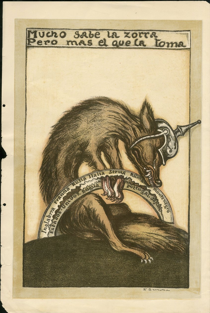 Ilustração de Francisco Sancha Lengo (1874-1936) - Folha voadora, ca. 1915 - Mucho sabe la zorra pero mal el que la toma - Guerra de 14 -18, Alemanha Prússia, Beligerantes e Símbolos, Aliados, Língua Espanhola, Imprensa Estrangeira - Fox -, Obstrução, Anim de Francisco Sancha y Lengo