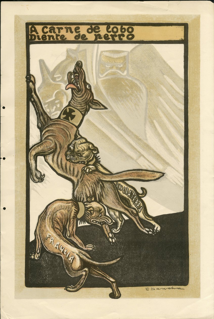 Ilustração de Francisco Sancha Lengo (1874-1936) - Flying leaf, circa 1915 - A carne de lobo diente de perro - Guerra de 14-18, Alemanha Prússia, Inglaterra Grã-Bretanha, Belligerantes e símbolos, França, língua espanhola, Imprensa Estrangeira - William II de Francisco Sancha y Lengo