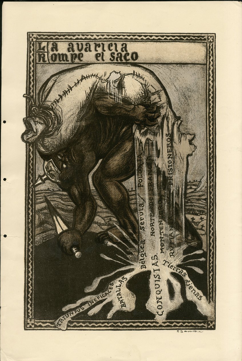 Ilustração de Francisco Sancha Lengo (1874-1936) - Folha voadora, cerca de 1915 - Guerra de 14-18, Alemanha Prússia, Prata, Belligerantes e símbolos, língua espanhola, Imprensa estrangeira de Francisco Sancha y Lengo