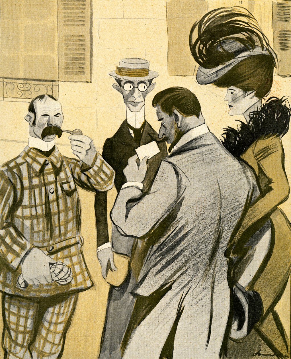 Dois ingleses desajeitadamente perguntam a um casal francês glamoroso por direções em francês ruim, 1903. de Francisco Sancha y Lengo