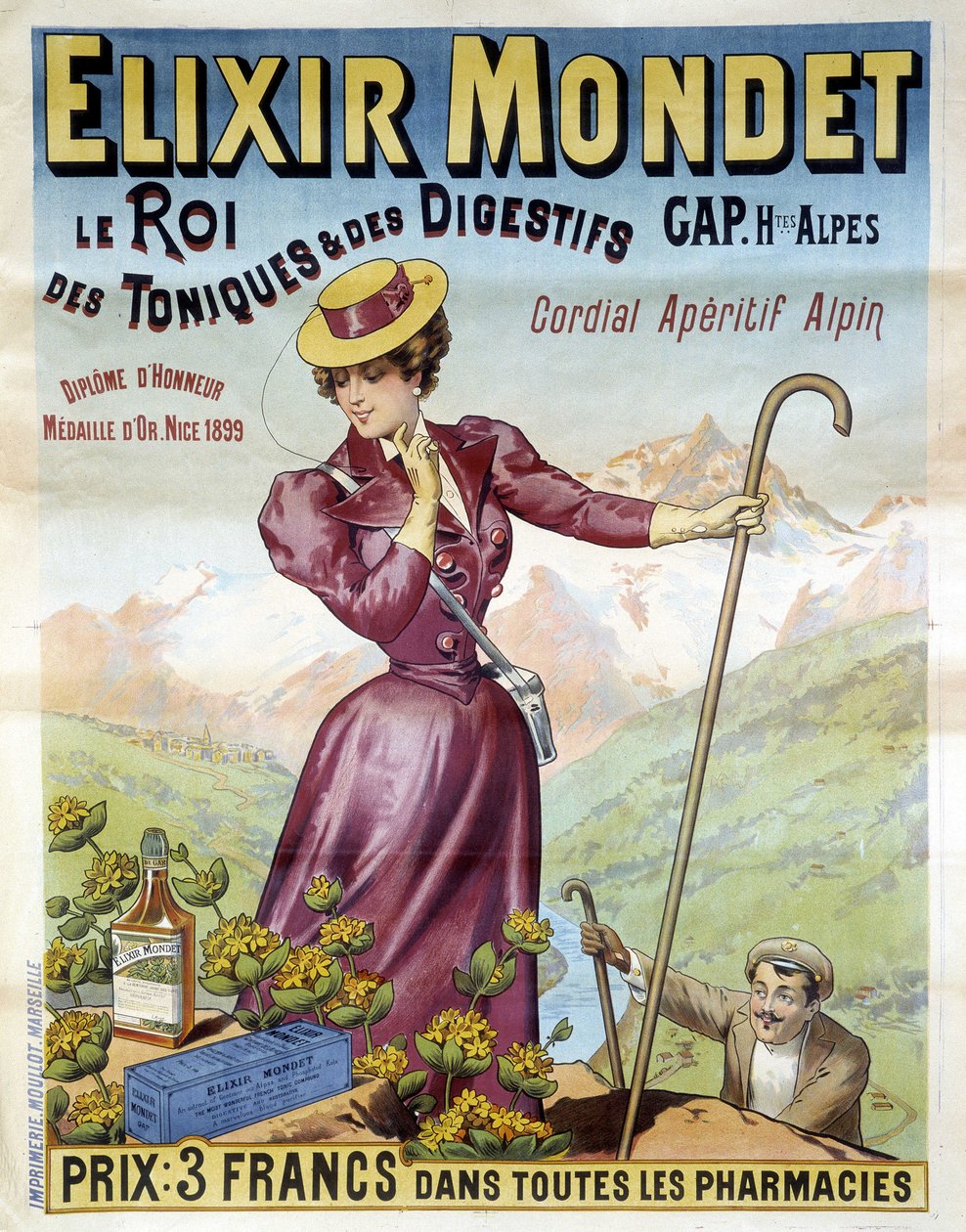 Cartaz publicitário de 1900 para o Elixir Mondet "o rei dos tónicos e digestivos, aperitivo cordial alpino". de Francisco Tamagno