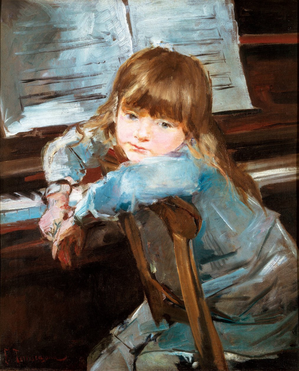 Nina ante el piano (Nina em frente ao piano). Pintura de Francesc Torrescassana (1845-1918) de Francisco Torrescassana