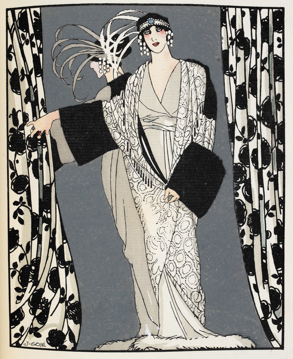 Blanc et noir. Uma mulher com um fato desenhado em 1855 por John Redfern, ilustração de 