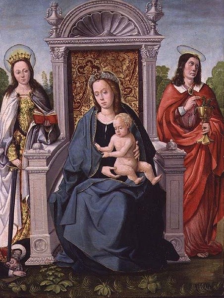 Madonna e Criança com Santa Catarina e São João Evangelista, c.1530-40 (painel) de Francisco de (attr. to) Comontes