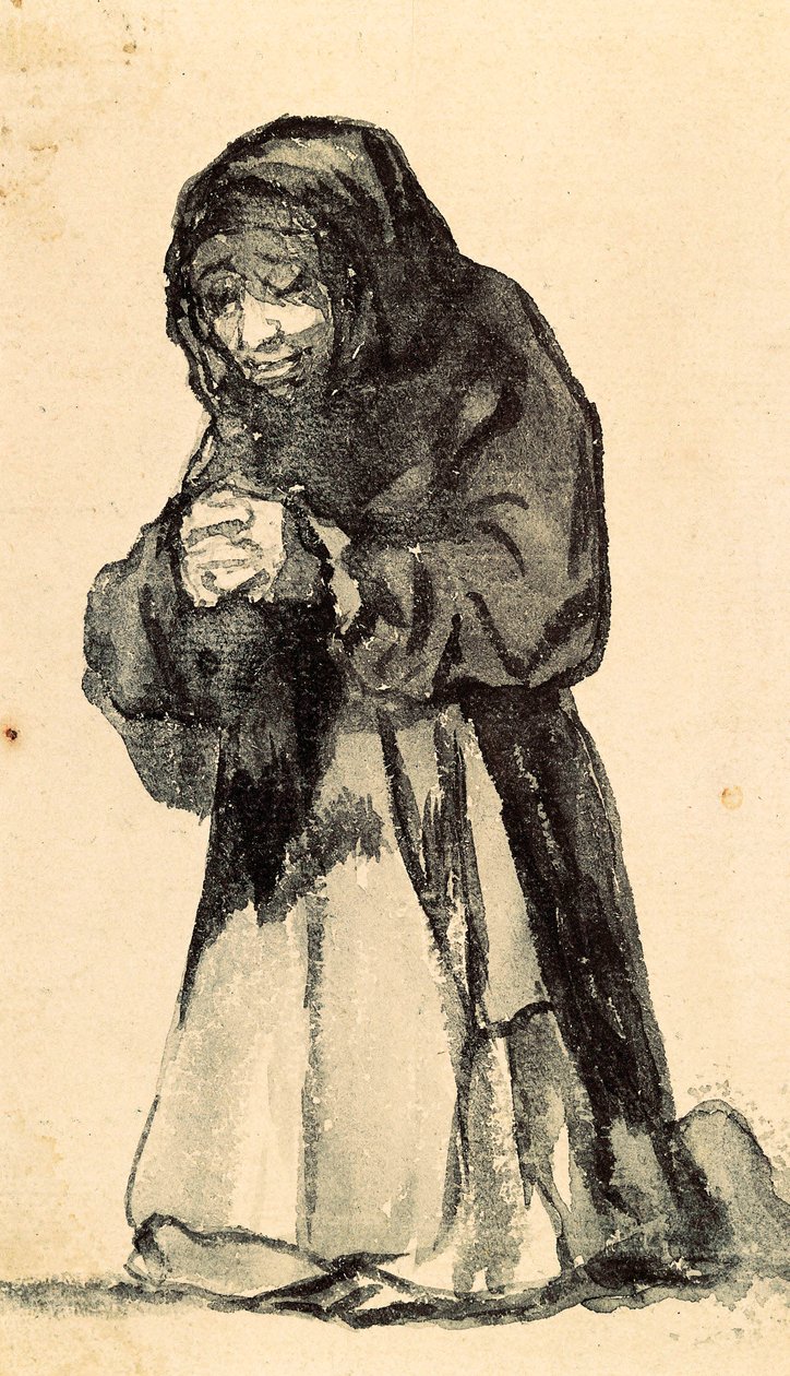 Uma mulher velha ajoelhada em oração, no início do século XIX (desenho) de Francisco de Goya