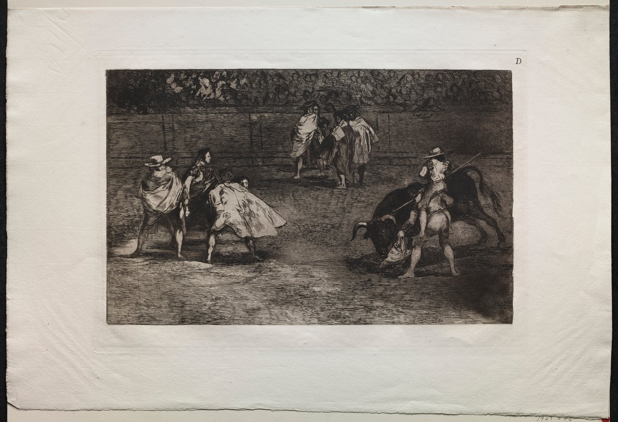 Touradas: um toureiro montado nos ombros de um assistente, lanceando um touro, 1876. de Francisco de Goya