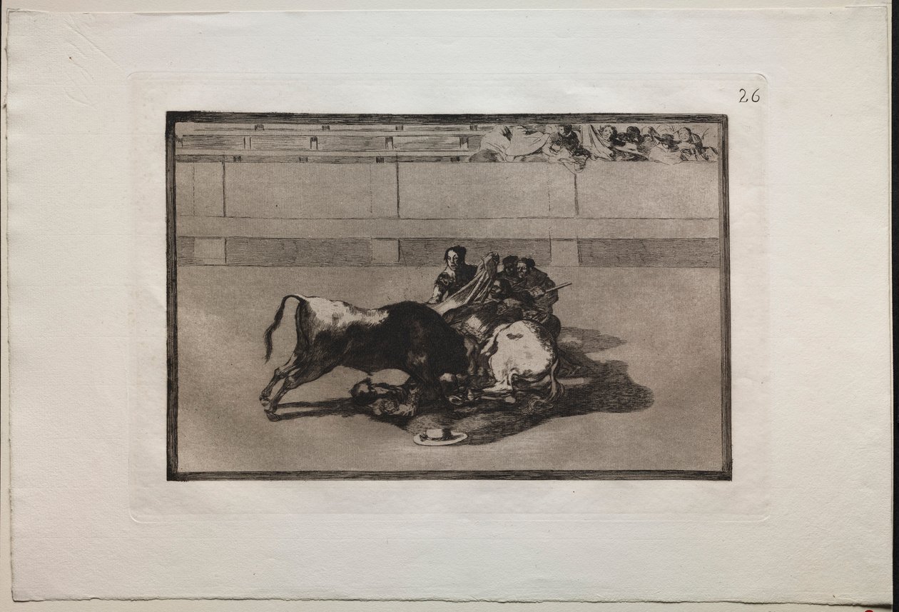 Touradas: Um Picador não é cavalo e cai sob o touro, 1876. de Francisco de Goya