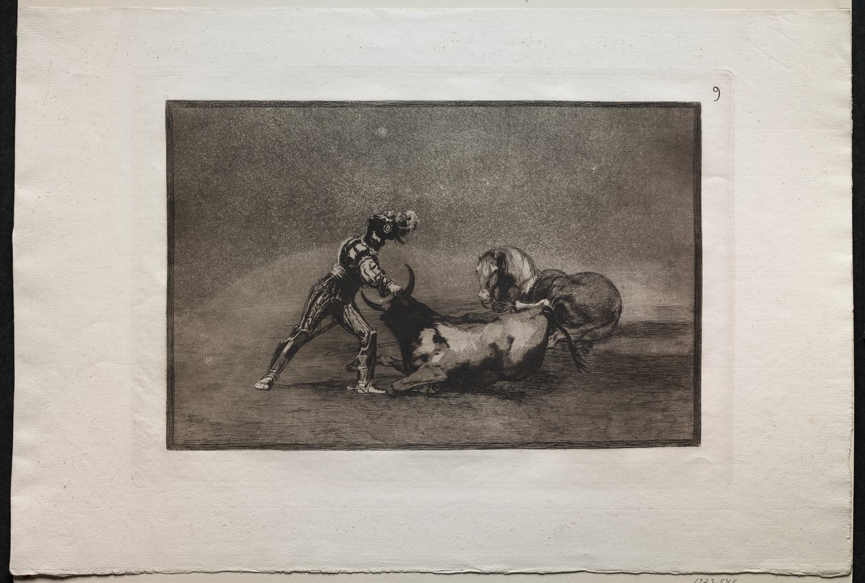 Touradas: Um cavaleiro espanhol mata o touro depois de ter perdido seu cavalo de Francisco de Goya