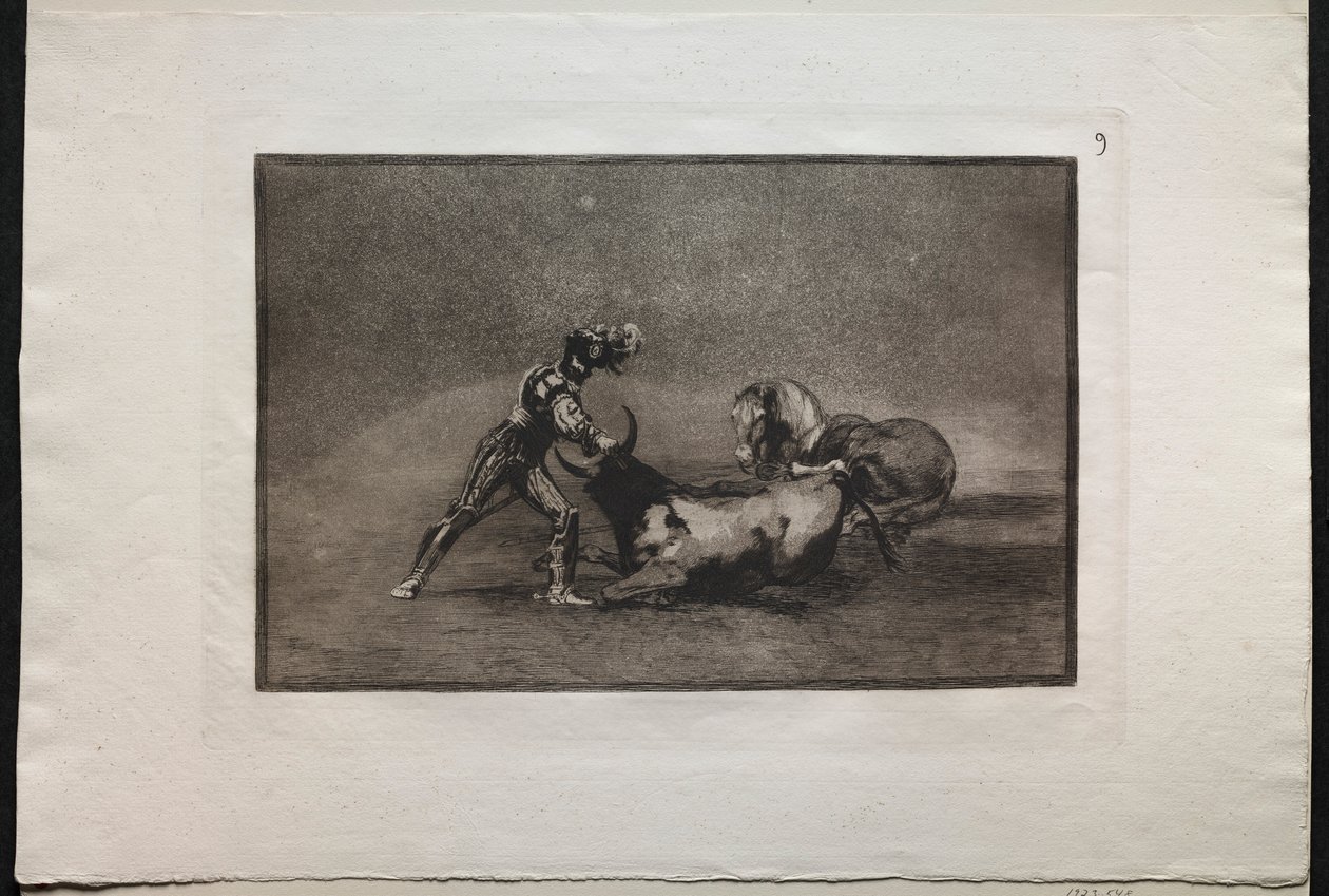 Touradas: um cavaleiro espanhol mata o touro depois de ter perdido seu cavalo, 1876. de Francisco de Goya