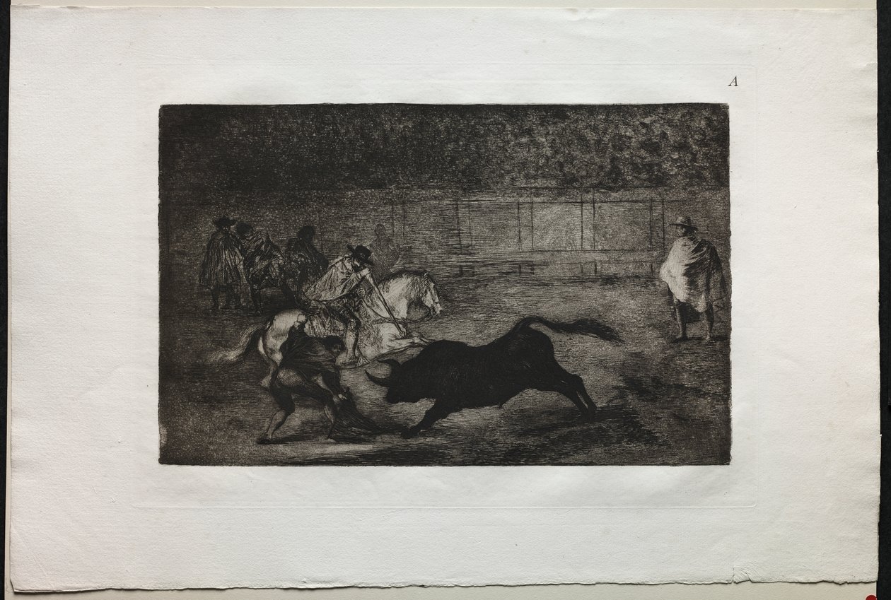 Touradas: um cavaleiro montado espanhol quebrando lanças curtas com a ajuda de assistentes de Francisco de Goya