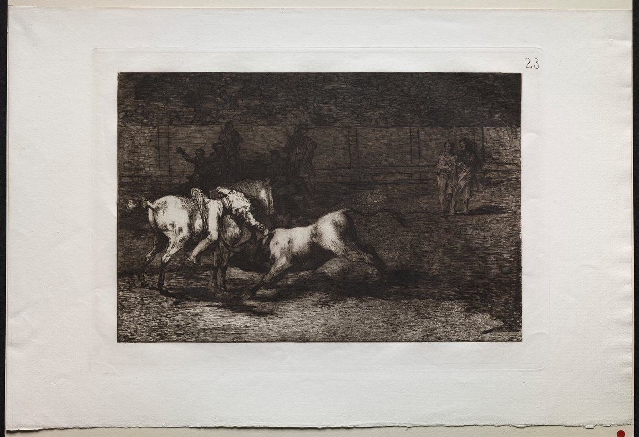 Touradas: Mariano Ceballos, aliás o indiano, mata o touro de seu cavalo, 1876. de Francisco de Goya