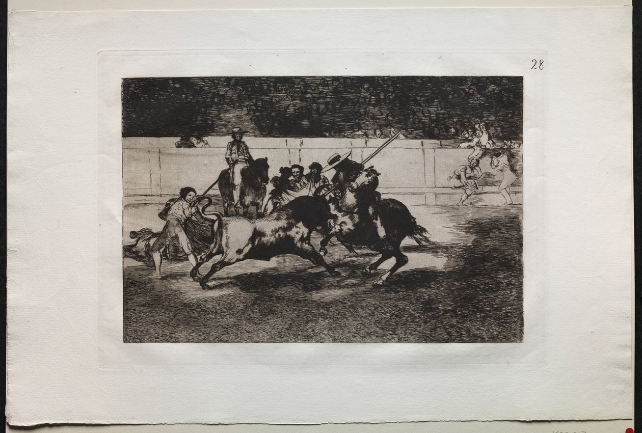 Bullfights: The Forceful Rendon apunhala um touro com o Pique, de qual passe ele morreu no ringue em Madrid de Francisco de Goya