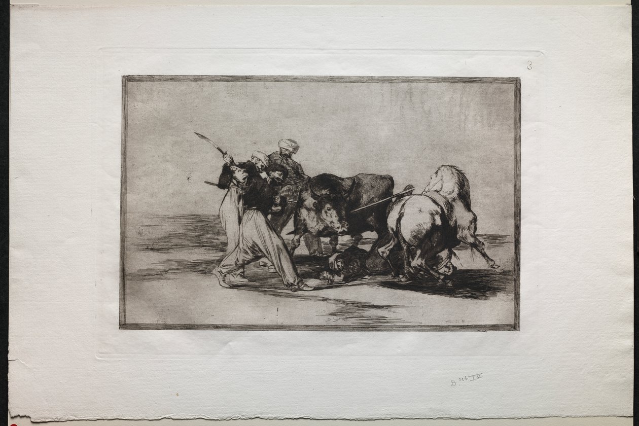 Touradas: os mouros se estabeleceram na Espanha, desistindo das superstições do Alcorão, adotaram esta arte de caçar e lançaram um touro ao ar livre de Francisco de Goya