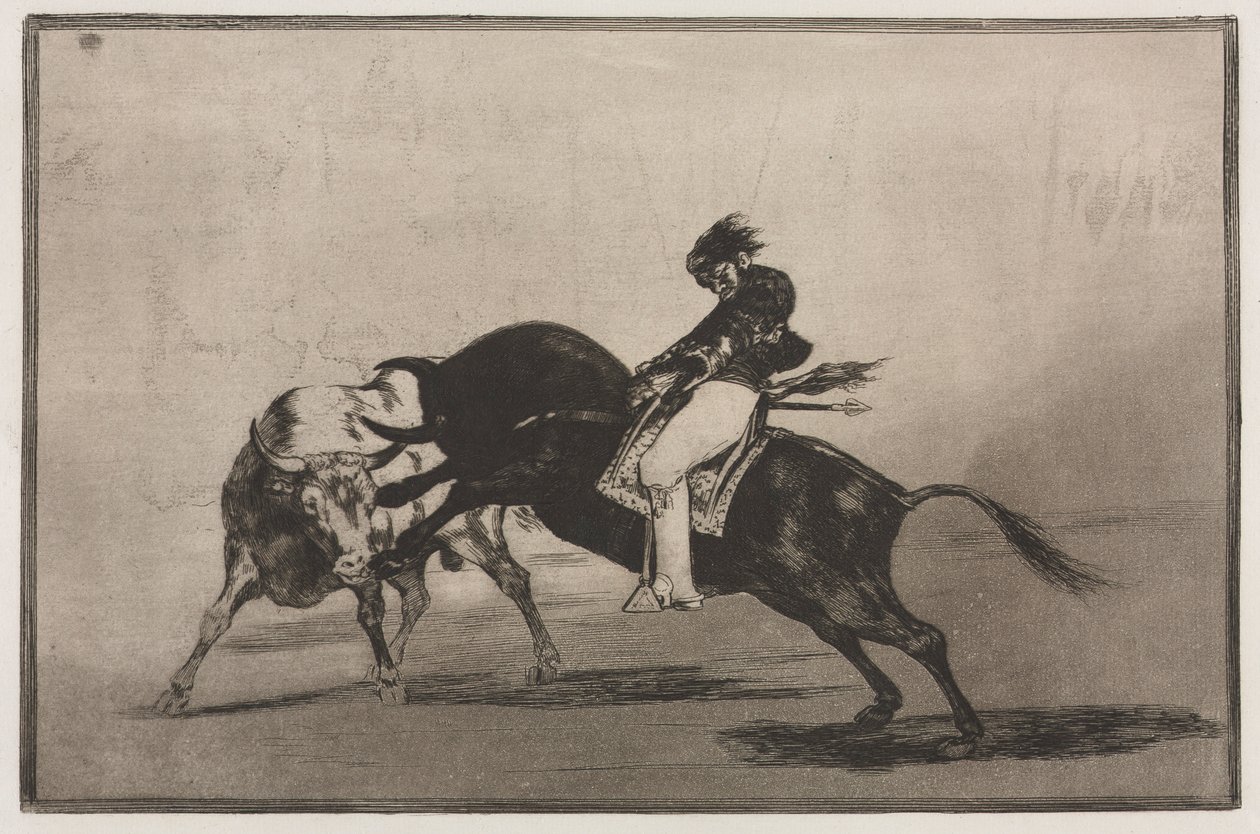 Touradas: Os mesmos ceballos montados em outro touro quebra lanças curtas no ringue, 1876. de Francisco de Goya