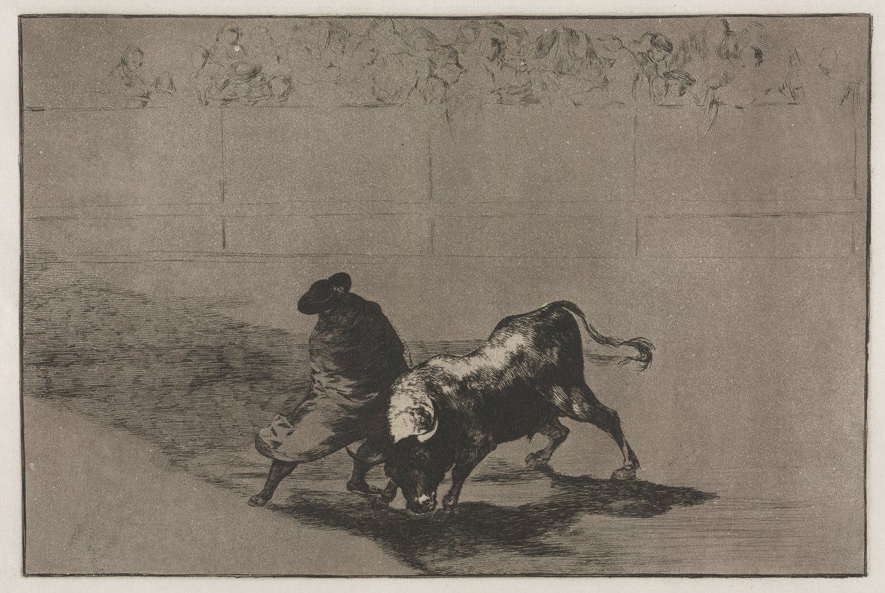 Touradas: o estudante muito habilidoso de Falces, envolto em sua capa, engana o touro com o jogo de seu corpo de Francisco de Goya