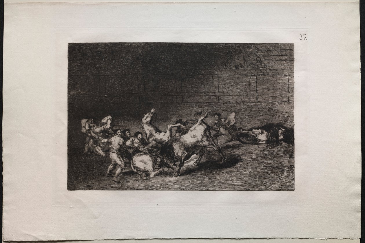 Touradas: duas equipes de Picadors lançadas uma após a outra por uma única tourada, 1876. de Francisco de Goya