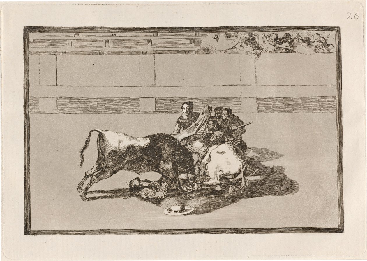 Queda de um picador de seu cavalo abaixo do touro (Um Picador é Desmontado e Cai sob o Touro) de Francisco de Goya