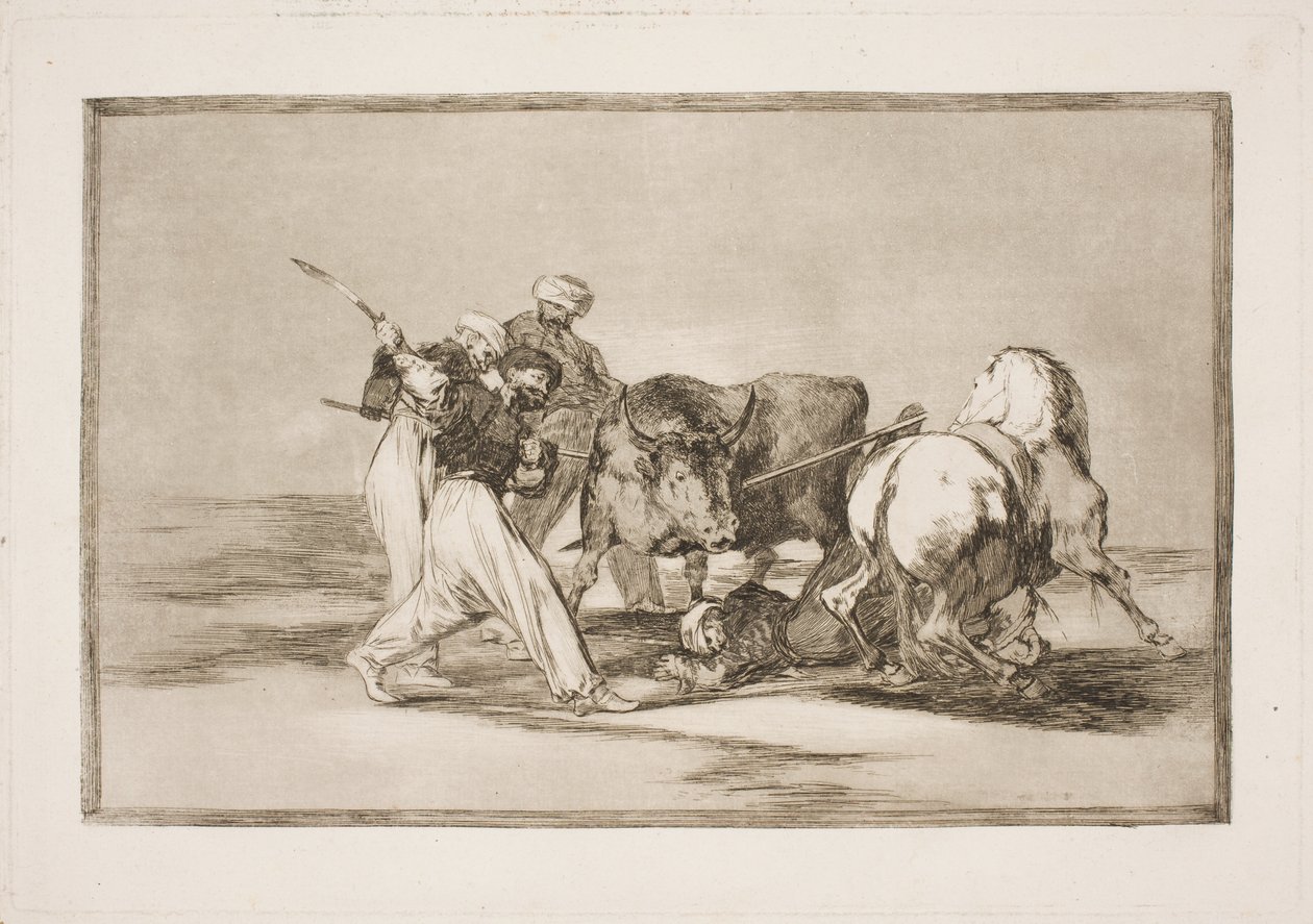 Os mouros, que se estabeleceram na Espanha e abandonaram a superstição do Alcorão, adquiriram essa arte de caçar e empalar um touro na planície de Francisco de Goya