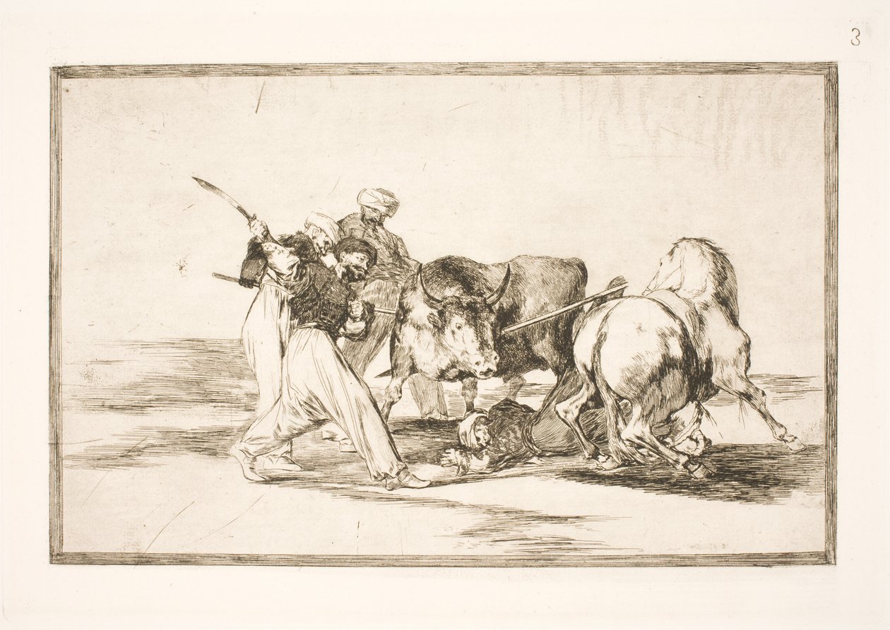 Os mouros, que se estabeleceram na Espanha e abandonaram a superstição do Alcorão, adquiriram essa arte de caçar e empalar um touro na planície de Francisco de Goya