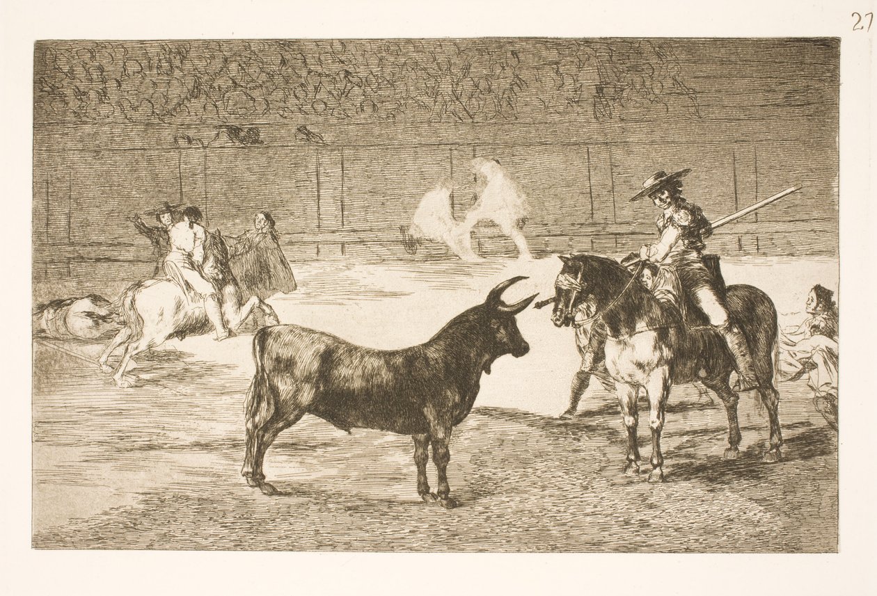 O célebre picador, Fernando del Toro, provoca o touro olme com sua lança de Francisco de Goya