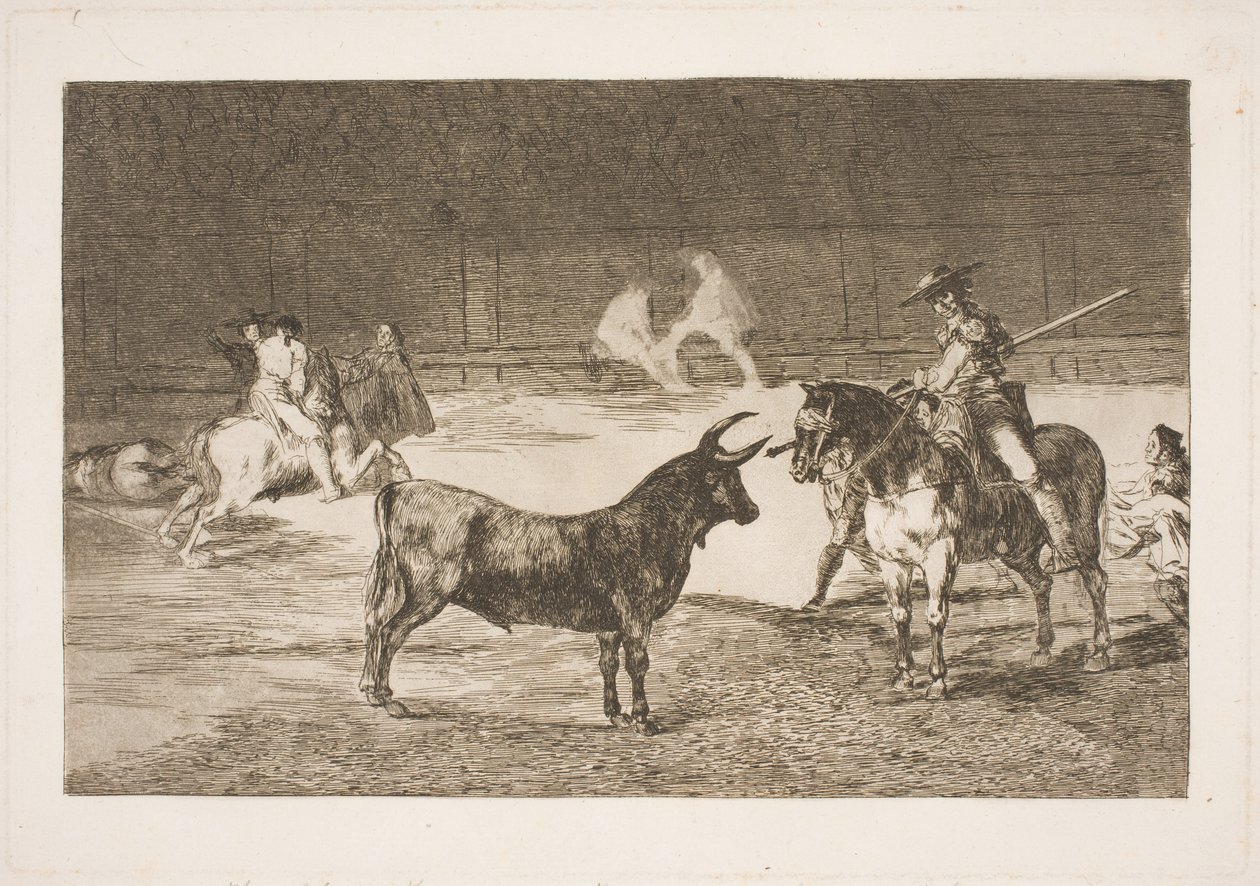 O célebre picador, Fernando del Toro, provoca o touro olme com sua lança de Francisco de Goya