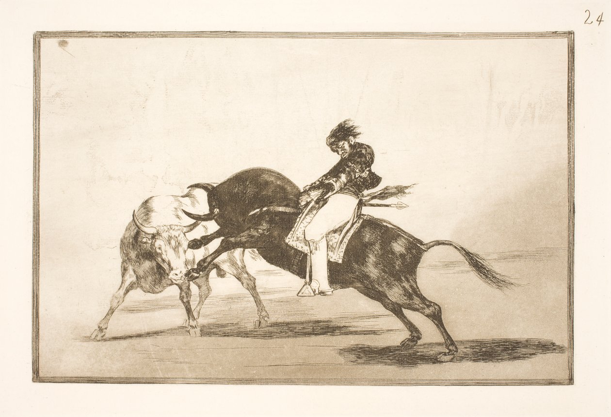 O mesmo Ceballos, sentado nas costas de outro touro, quebra lanças curtas na arena de Madrid de Francisco de Goya