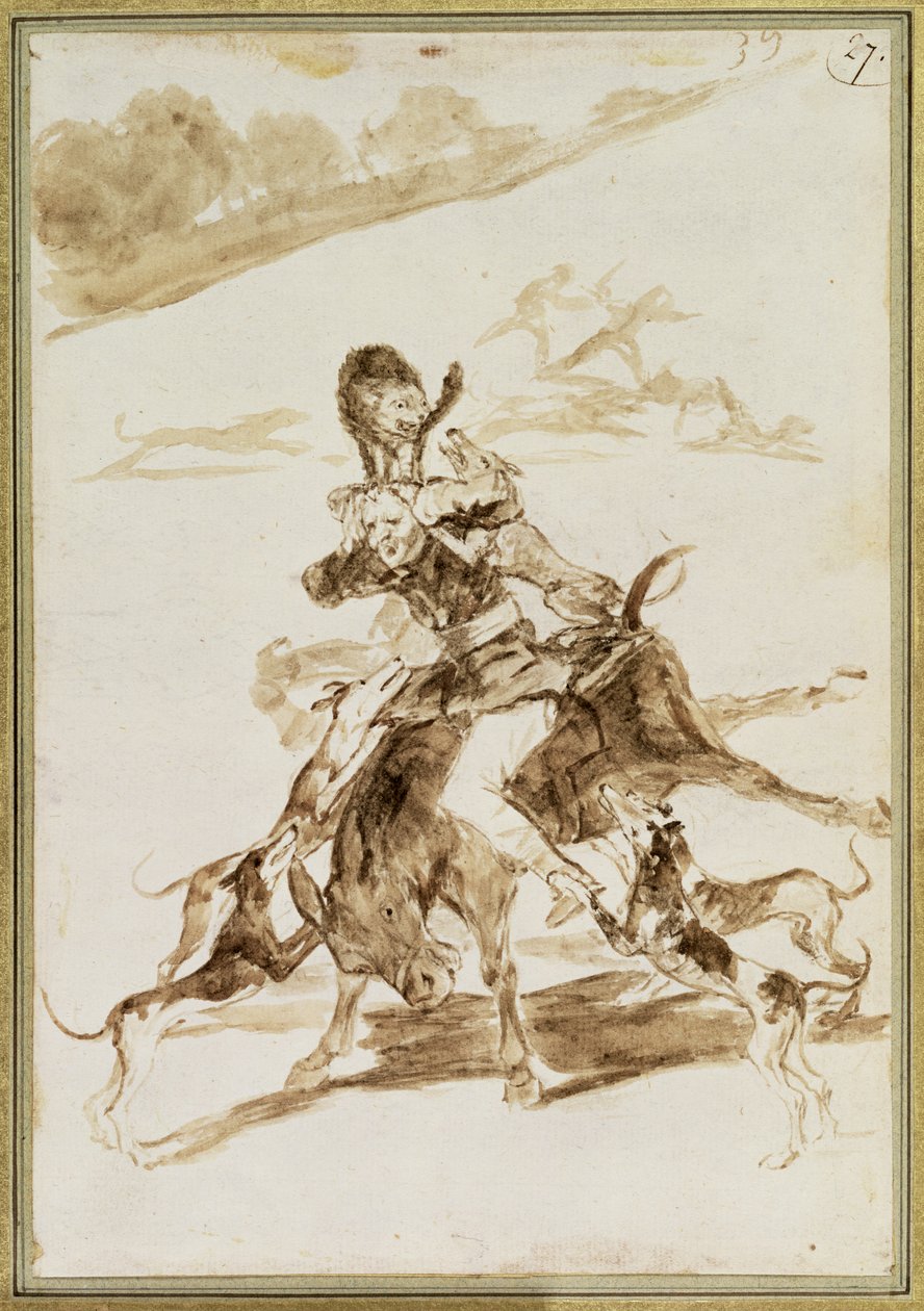 Cães atacando um homem em uma mula (wc no papel) de Francisco de Goya