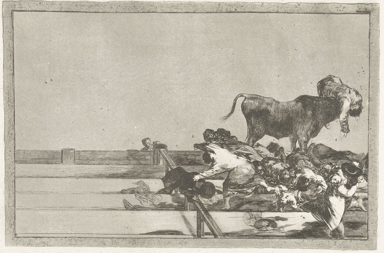 Dood van de burgemeester van Torrejon Infortúnios ocorridos na colocação da praça de Madri e morte do prefeito de Torrejon Tourada (título da série) Stierenvechten (título da série) de Francisco de Goya