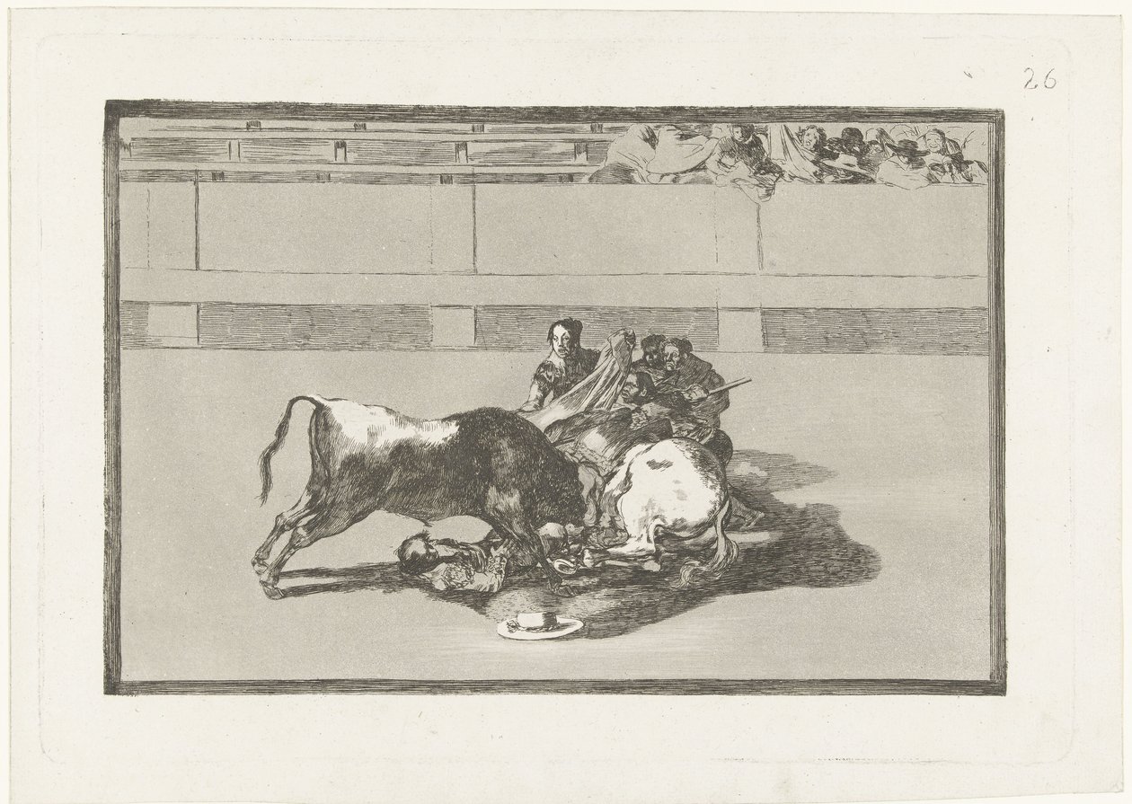 Um picador foi derrubado de seu cavalo e está sob o touro Caida de un picador de su caballo debajo del toro La Tauromaquia (título da série) Tourada (título da série) de Francisco de Goya