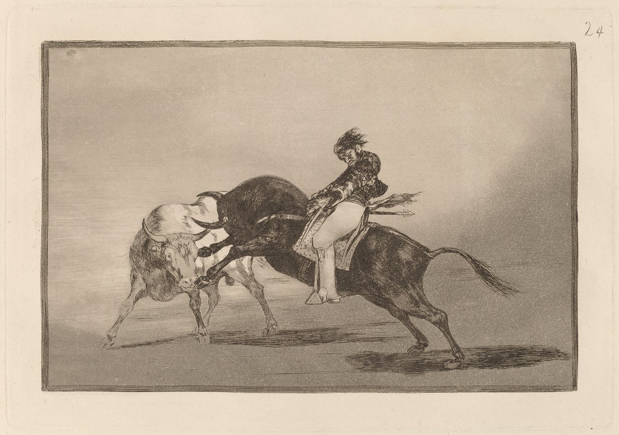 Os mesmos ceballos montados em outro touro quebram Rejones na Plaza de Madrid (Os mesmos ceballos montados em outro touro quebram lanças curtas no ringue em Madrid) de Francisco de Goya