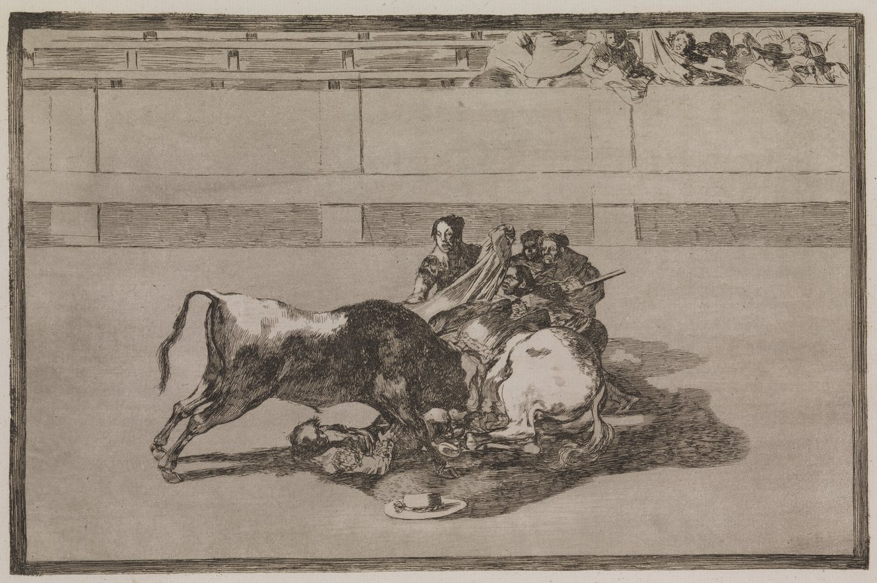 Um picador é jogado do cavalo e cai sob o touro de Francisco de Goya