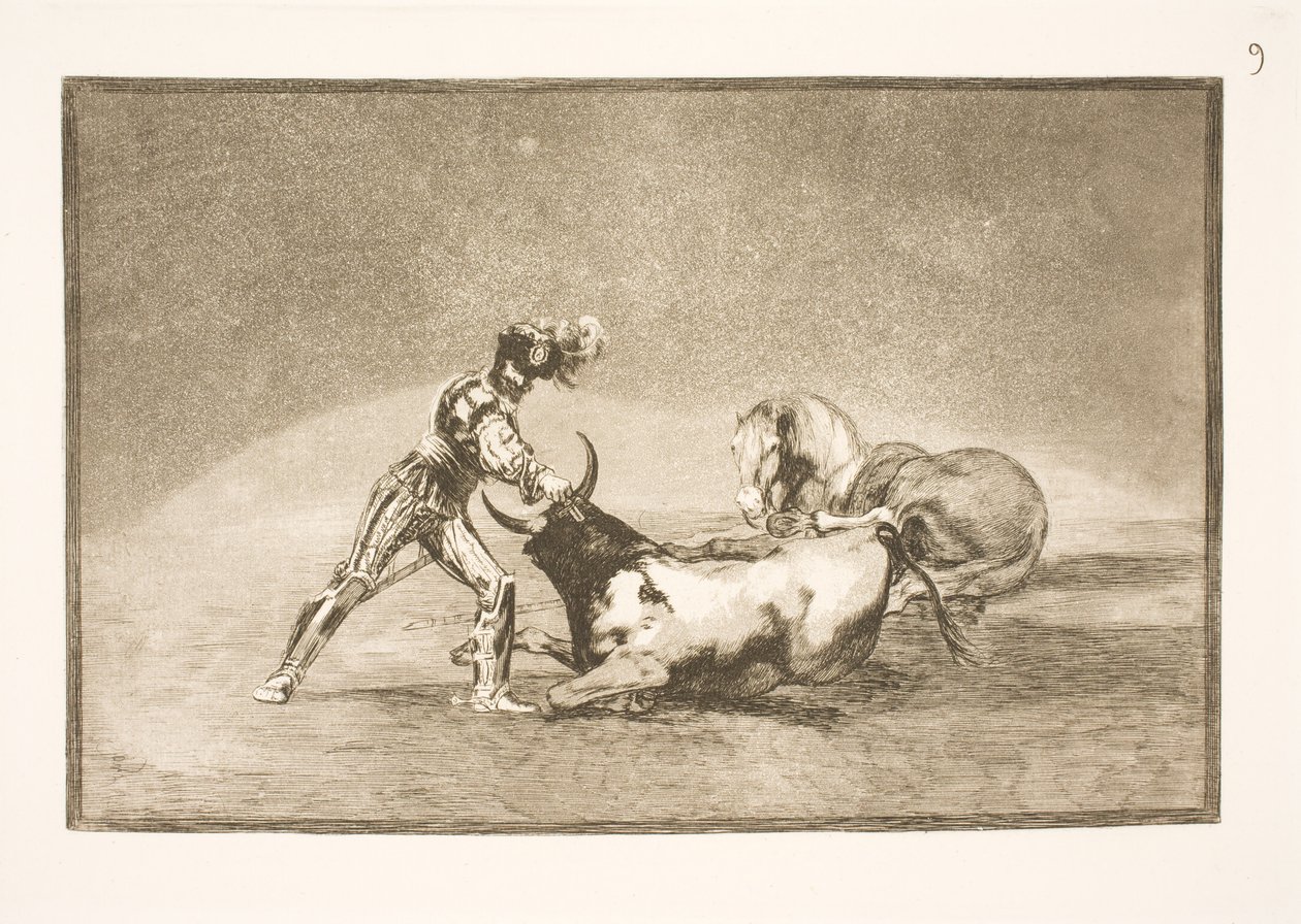 Um cavaleiro espanhol mata o touro depois de perder seu cavalo de Francisco de Goya