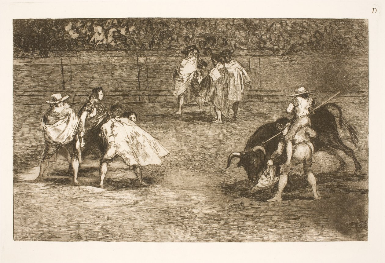 Um toureiro, sentado nos ombros de um assistente, barra um touro de Francisco de Goya
